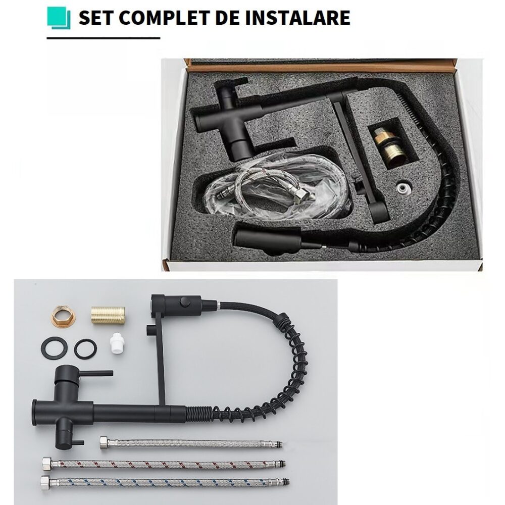 Baterie bucatarie cu 3 cai, dus extractibil, iesire pentru filtru de apa purificata, din alama, negru mat - imagine 7