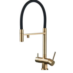 Baterie de bucatarie 3 cai pentru filtru purificare, pipa mobila, alama sanitara, cartus ceramic, auriu-negru