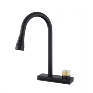 Baterie chiuveta bucatarie, Dus extractabil, 3 Functii de curge si mod Rainfall, Culoare negru mat, Dimensiune 37 cm