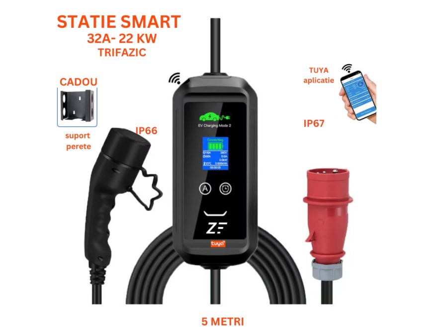 Statie de incarcare Smart, Tuya, masina electrica/hybrid, 22KW cu limitator de putere 8-32A TYPE 2, si cu temporizare, cablu 5.m, mufa RED CEE 32A - imagine 2