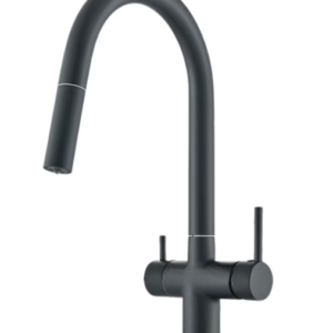 Baterie de bucatarie 3 cai pentru filtru purificare, dus extractibil, pipa mobila, alama sanitara, cartus ceramic, negru mat, nordic style