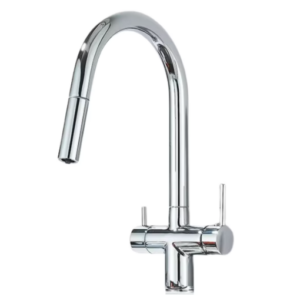 Baterie de bucatarie 3 cai pentru filtru purificare, dus extractibil, pipa mobila, alama sanitara, cartus ceramic, crom lucios, nordic style