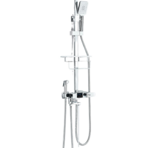 Coloana de Dus Baie, Termostat Temperatura Apa, Reglabila pe Inaltime, Display LCD, Cos Organizator, Culoare Crome lucios, Palarie Dus 30x30 cm cu Efect Ploaie, 4 Functii de Curgere
