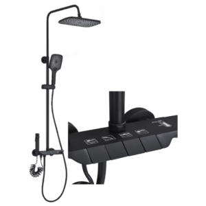 Coloana de Dus Baie, Butoane Piano, Culoare Negru Mat, Palarie Dus 28 cm cu Efect Ploaie, 4 Functii de Curgere