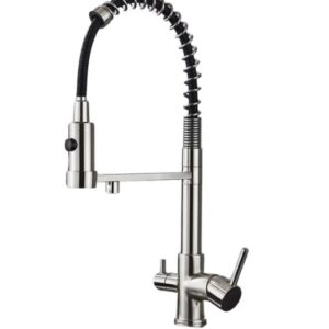 Baterie bucatarie cu 3 cai, iesire pentru filtru de apa purificata, alama, nichel inox, adaptor filtru inclus