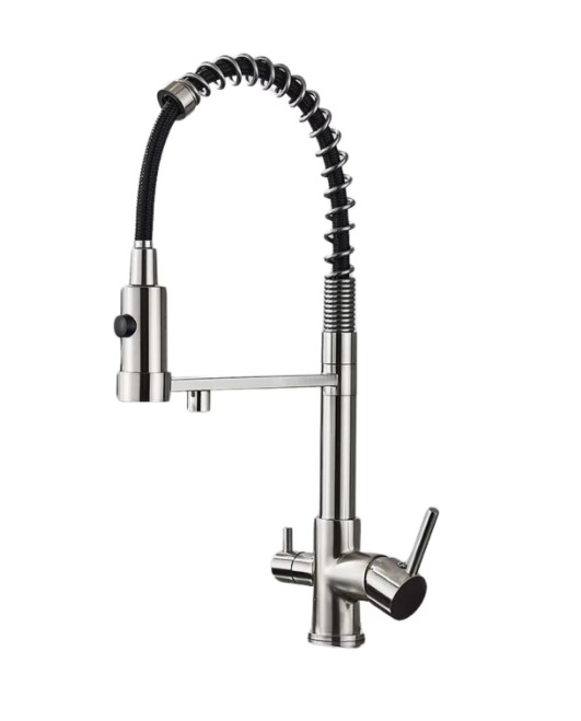 Baterie bucatarie cu 3 cai, iesire pentru filtru de apa purificata, alama, nichel inox, adaptor filtru inclus