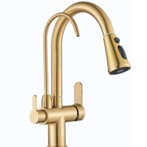 Baterie profesionala premium bucatarie cu 3 cai, dus extractibil, doua tipuri de jet, iesire pentru filtru de apa purificata, alama, auriu perlat