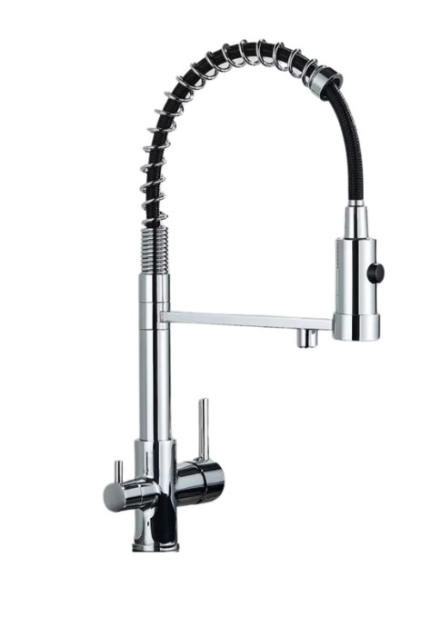 Baterie bucatarie cu 3 cai, ZedaFit, iesire pentru filtru de apa purificata, alama, crom lucios, adaptor filtru inclus