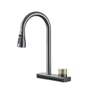 Baterie bucatarie waterfall gri metalizat, cap dus pivotant, 3 Functii de curgere si suport cascada , dimensiune 37 cm