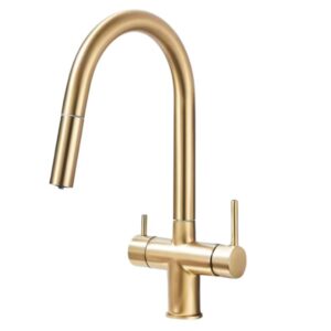 Baterie de bucatarie luxury 3 cai pentru filtru purificare, dus extractibil, pipa mobila, alama sanitara, cartus ceramic, auriu perlat, nordic style