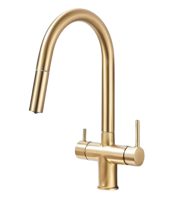 Baterie de bucatarie luxury 3 cai pentru filtru purificare, dus extractibil, pipa mobila, alama sanitara, cartus ceramic, auriu perlat, nordic style