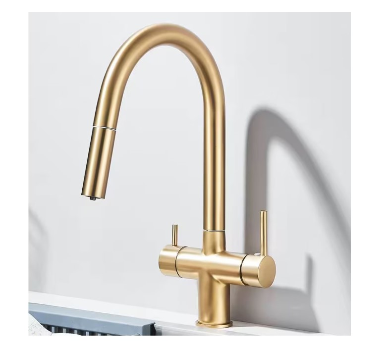 Baterie de bucatarie luxury 3 cai pentru filtru purificare, dus extractibil, pipa mobila, alama sanitara, cartus ceramic, auriu perlat, nordic style - imagine 2