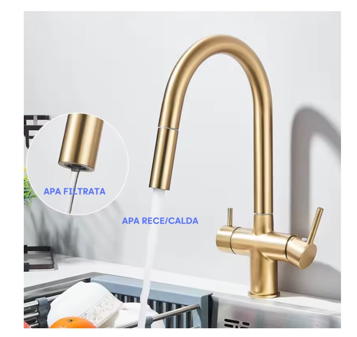 Baterie de bucatarie luxury 3 cai pentru filtru purificare, dus extractibil, pipa mobila, alama sanitara, cartus ceramic, auriu perlat, nordic style - imagine 4