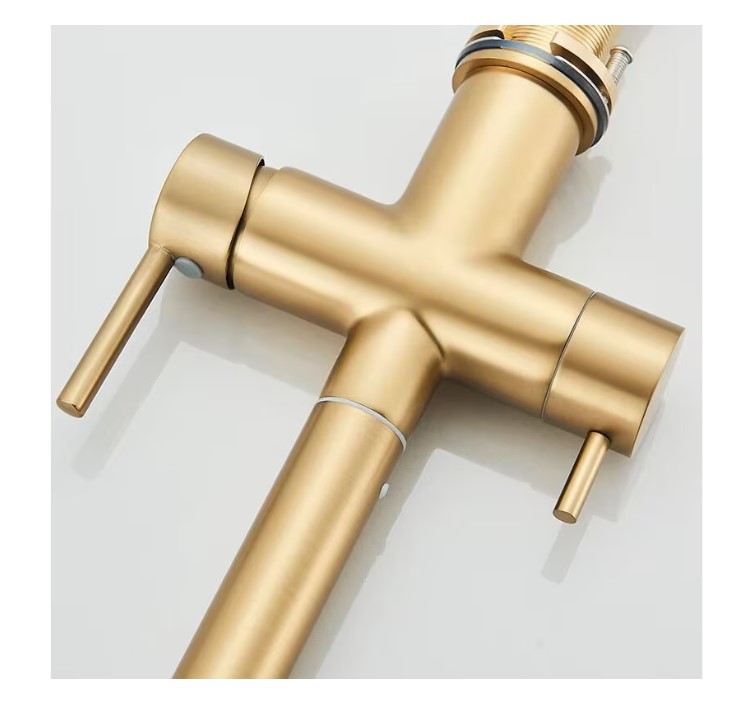 Baterie de bucatarie luxury 3 cai pentru filtru purificare, dus extractibil, pipa mobila, alama sanitara, cartus ceramic, auriu perlat, nordic style - imagine 6