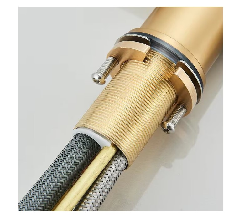 Baterie de bucatarie luxury 3 cai pentru filtru purificare, dus extractibil, pipa mobila, alama sanitara, cartus ceramic, auriu perlat, nordic style - imagine 7