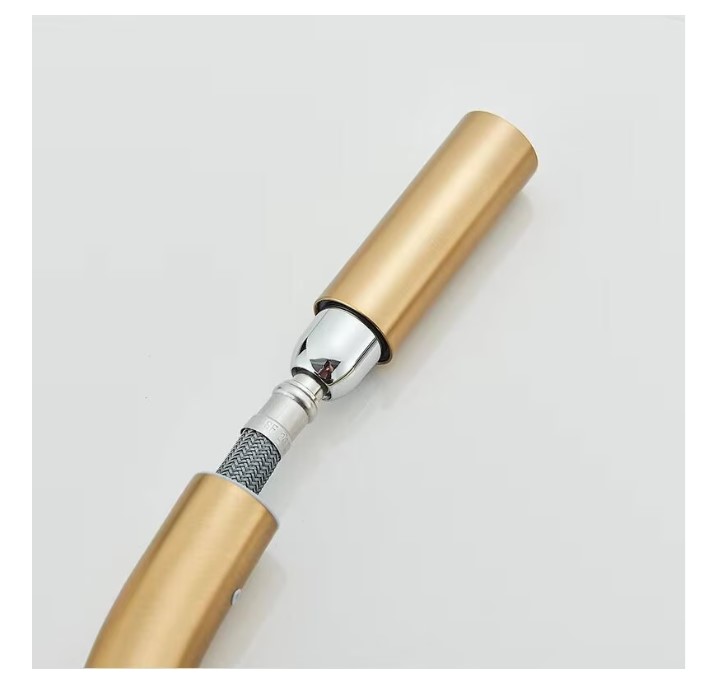 Baterie de bucatarie luxury 3 cai pentru filtru purificare, dus extractibil, pipa mobila, alama sanitara, cartus ceramic, auriu perlat, nordic style - imagine 8