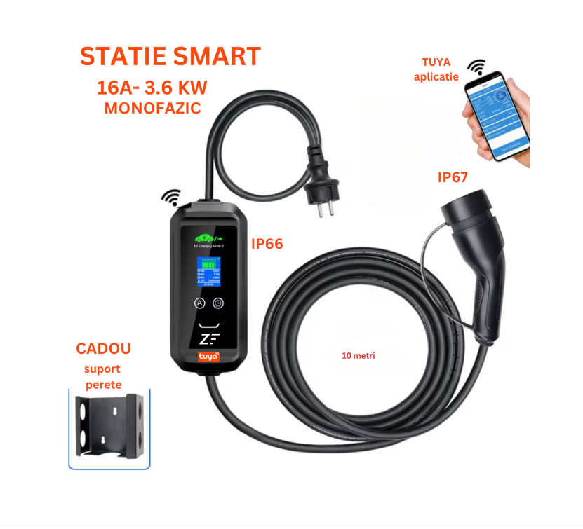 Statie portabila SMART de incarcare masini electrice, Type 2, 3.6kW, 16A, monofazic, TUYA, cu limitator de putere 8-10-13-16A, cablu 10m, Schuko, protectie - imagine 5