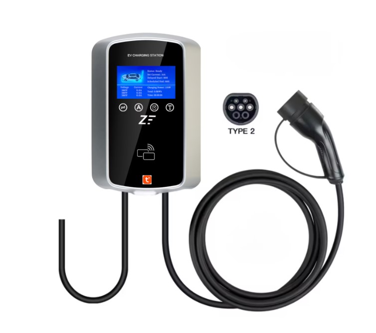 Statie de incarcare perete/stalp Smart, 220V, Tuya, masina electrica/hybrid, 7, 2KW cu limitator de putere 8-10-13-16-32A TYPE 2, display cu temporizare, RFID card