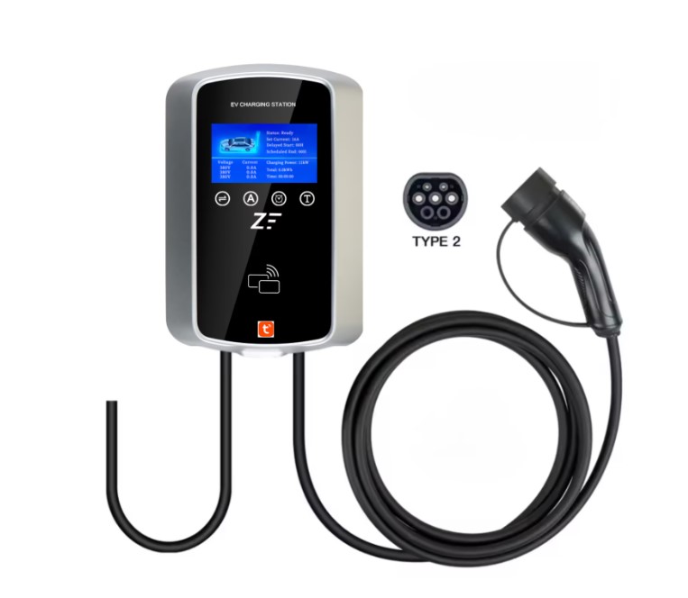 Statie de incarcare perete/stalp Smart, 380V, Tuya, masina electrica/hybrid, 11KW cu limitator de putere 8-10-13-16-32A TYPE 2, display cu temporizare, RFID card