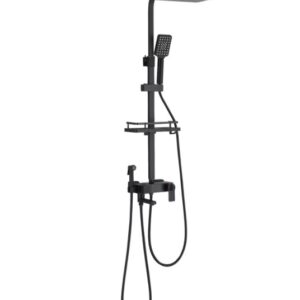 Coloana de Dus Baie, Termostat Temperatura Apa, Reglabila pe Inaltime, Display LCD, Cos Organizator, Culoare Negru Mat, Palarie Dus 30x30 cm cu Efect Ploaie, 4 Functii de Curgere