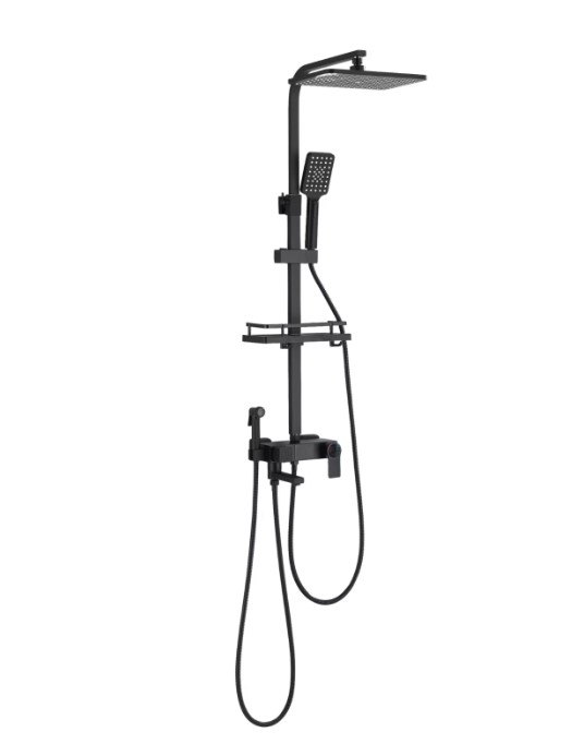 Coloana de Dus Baie, Termostat Temperatura Apa, Reglabila pe Inaltime, Display LCD, Cos Organizator, Culoare Negru Mat, Palarie Dus 30x30 cm cu Efect Ploaie, 4 Functii de Curgere