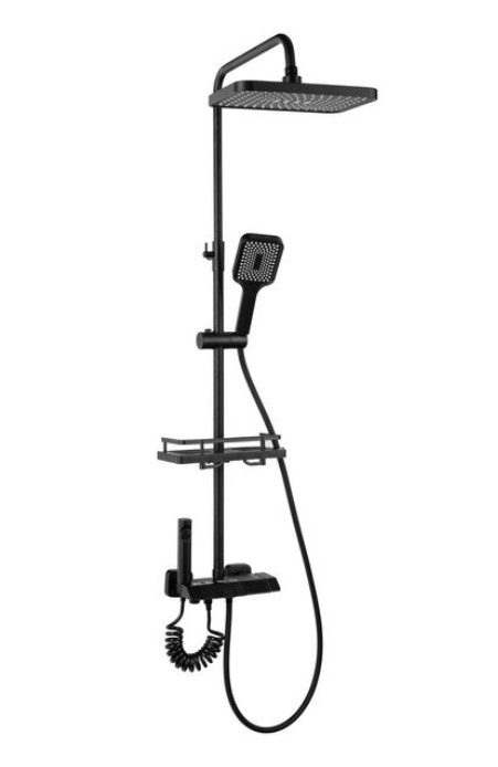 Set baterie dus termostat, cu para patrata, montare perete, 2 functii de curgere a apei, dus tip, Negru