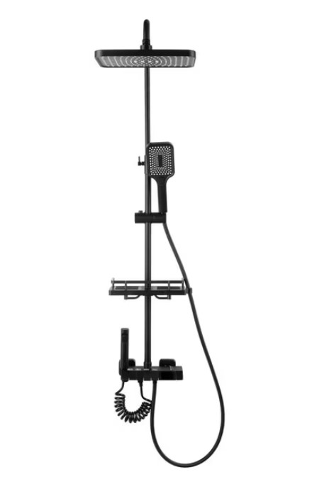 Set baterie dus termostat, cu para patrata, montare perete, 2 functii de curgere a apei, dus tip, Negru - imagine 3