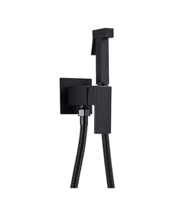 Set dus igienic pentru igiena intima negru mat, Doua cai, Apa Calda/Rece pentru bideu sau Wc, presiune reglabila, baterie incastrata, accesorii incluse