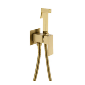 Set dus igienic pentru igiena intima auriu nichelat, Doua cai, Apa Calda/Rece pentru bideu sau Wc, presiune reglabila, baterie incastrata, accesorii incluse