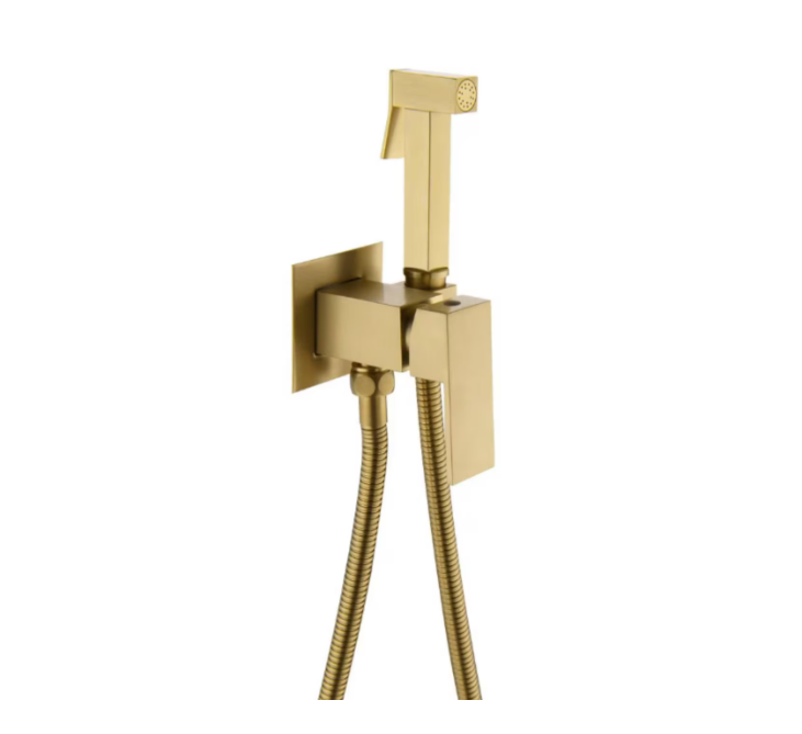 Set dus igienic pentru igiena intima auriu nichelat, Doua cai, Apa Calda/Rece pentru bideu sau Wc, presiune reglabila, baterie incastrata, accesorii incluse