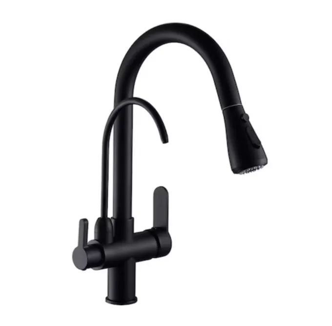 Baterie profesionala cu senzor bucatarie cu 3 cai, dus extractibil, doua tipuri de jet, iesire pentru filtru de apa purificata, alama, negru mat