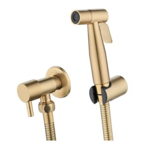 Dus igienic cu robinet incastrat, baterie bideu si Wc, cu o singura intrare, apa rece, auriu nichelat, Include furtun rezistent la explozie, Rezistent la rugina, Presiune a apei reglabila, Design anti-scurgere, Instalare simpla
