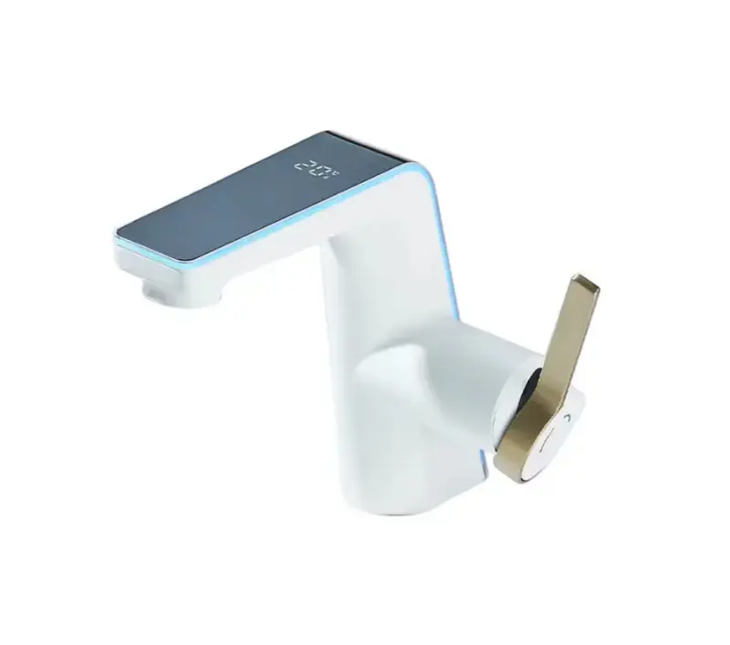 Baterie lavoar, alb, cu senzor temperatura si afisaj, jet tip cascada si ploaie, montare pe chiuveta, aspect nordic style