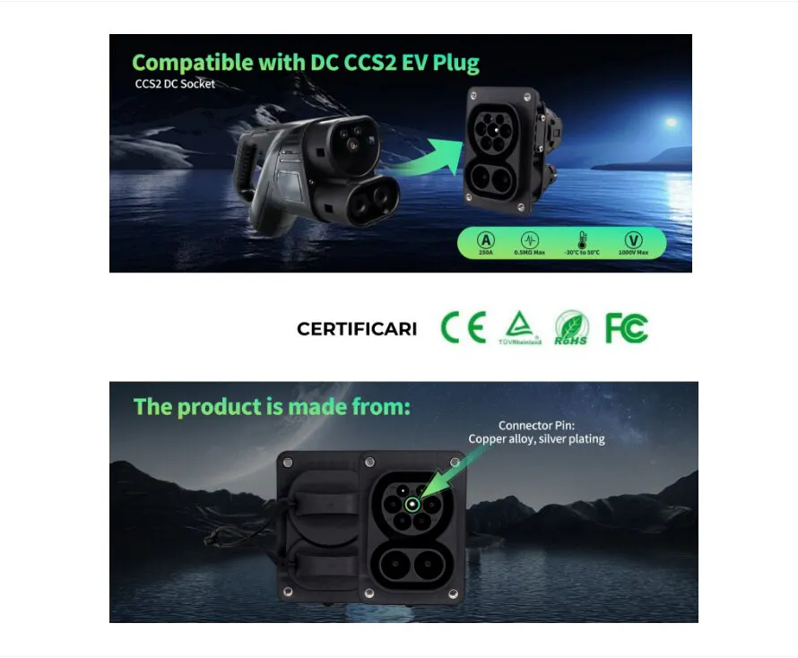 Priza type 2 + DC 250kw, AC trifazic 22kw max, 400V, IP67, CE, TUV, COC, FCC, ROHS, pentru montaj auto - imagine 2